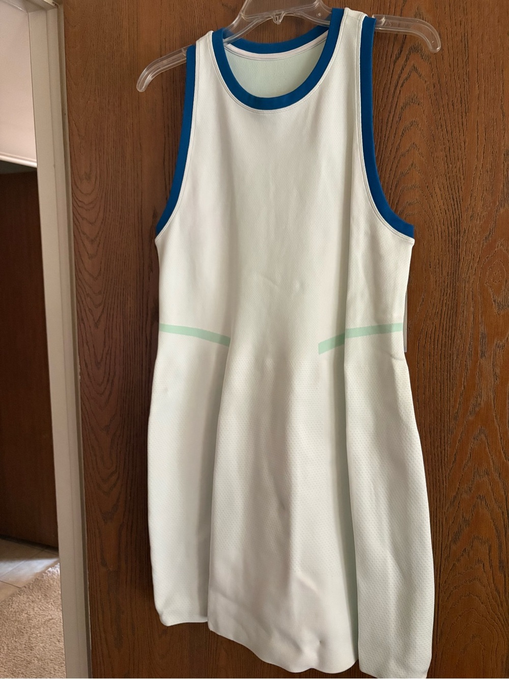 Sweaty Betty White Tennis Dress with Blue Trim and Mint Accents